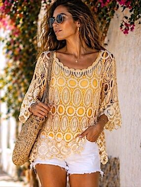 Indigo Thread Co Crochet Lace Boho Peasant Top M Orange Festival Gypsy Romantic